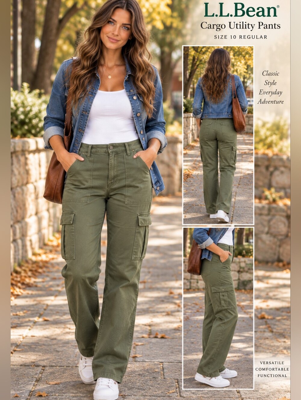L.L.Bean Women's 10 Cargo Utility Pants Olive Green Straight Leg Stretch